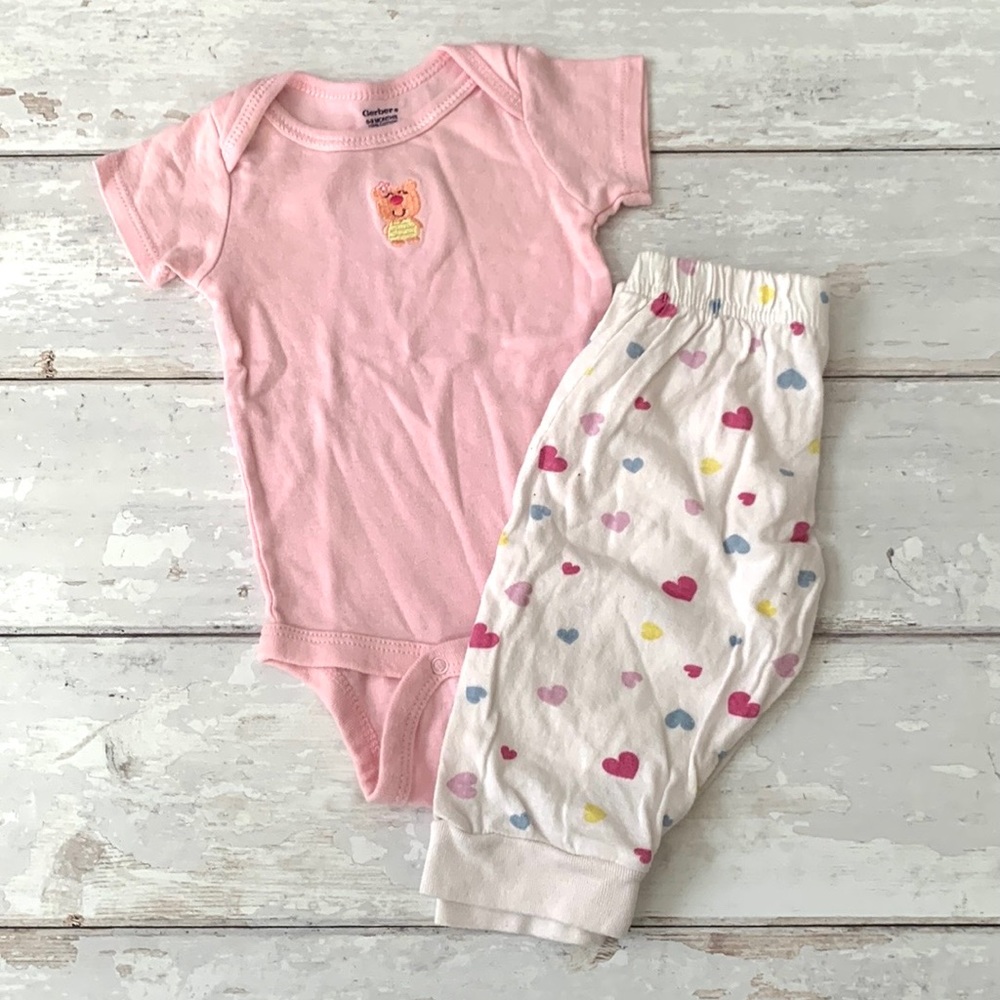 Carters 6-9m Baby Girl Outfit Pink Bodysuit & Hearts Print Joggers Sweats 6m 9m